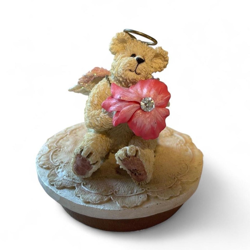Vintage Angel Teddy Bear Pink Flower Jar Candle Lid Topper Figurine Resin Decor
